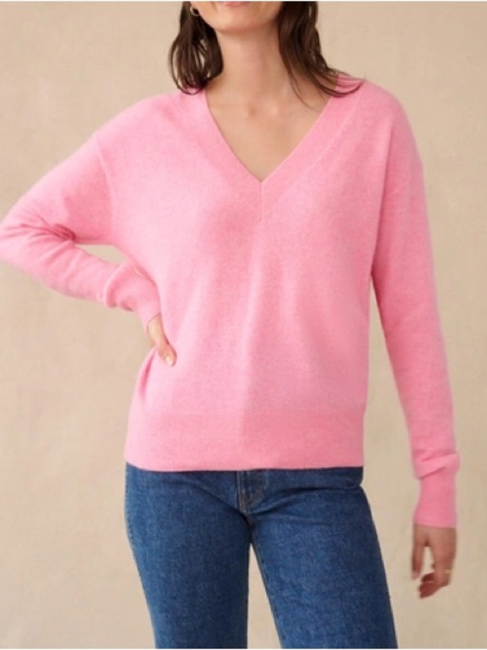 White + Warren Pink Cotton Silk Rib Trim Crew Neck Sweater Size Large